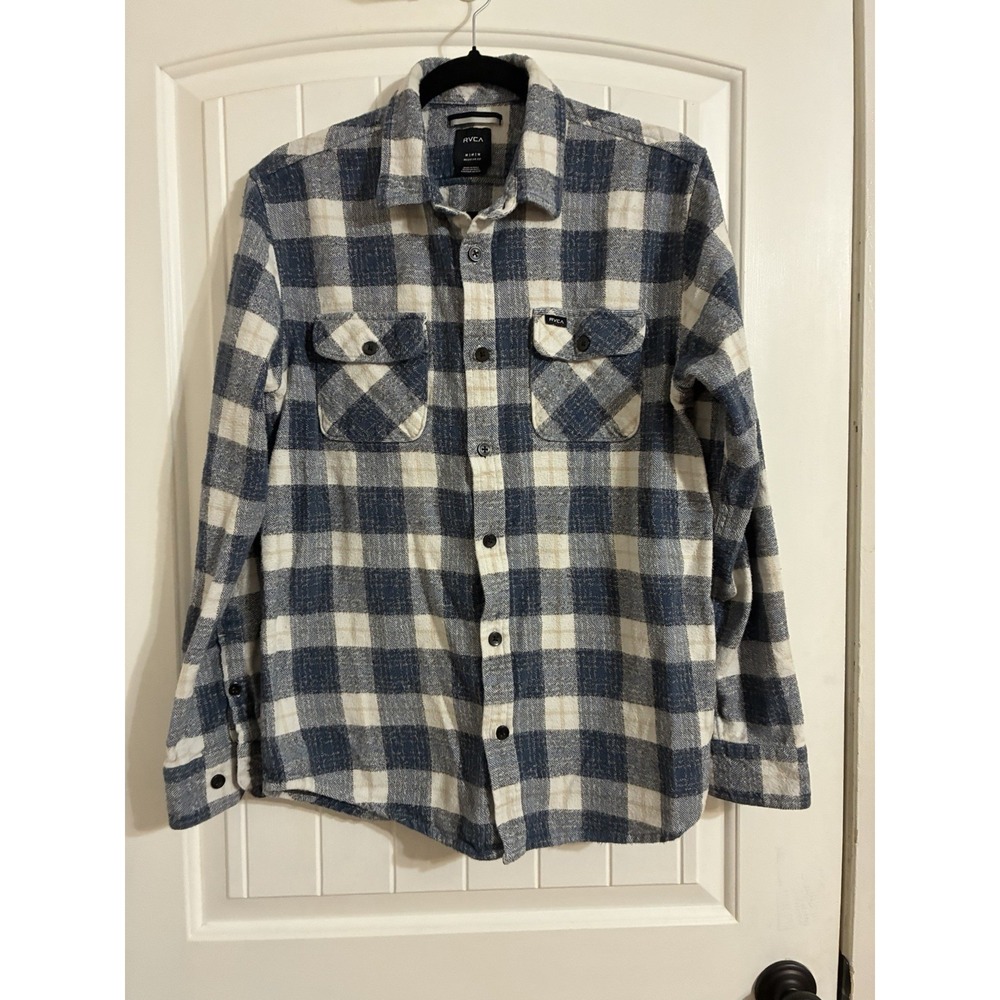 RVCA Mens Plaid Flannel Button Down Shirt Blue White Plaid Size M